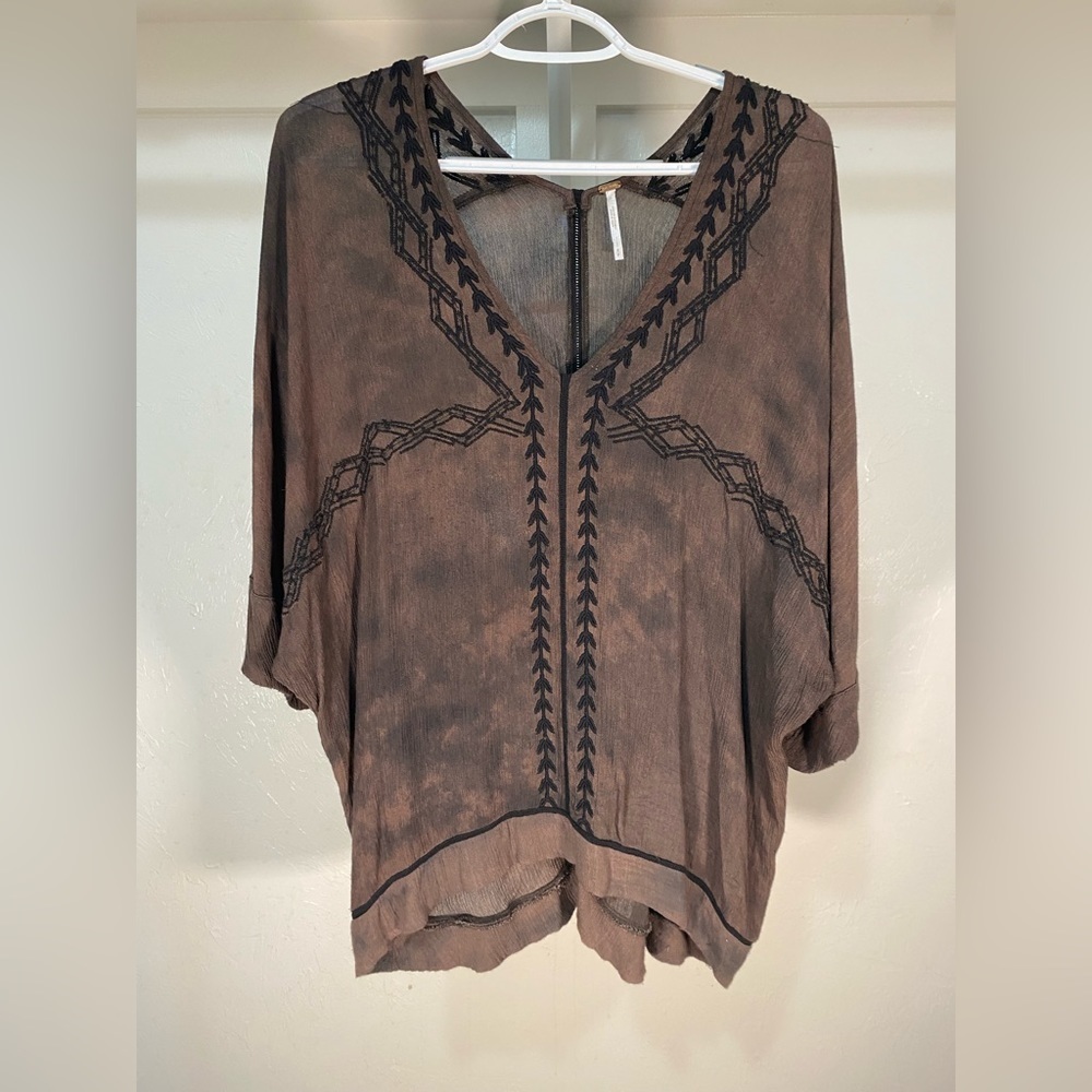 Free People Tie Dye Embroidered V-Neck Pull Over Tunic Brown Size S